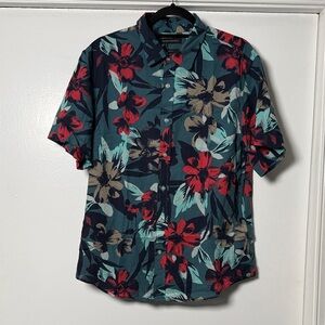 Men's Floral Short Sleeve Button-Up Shirt - Navy with Red & Teal Floral